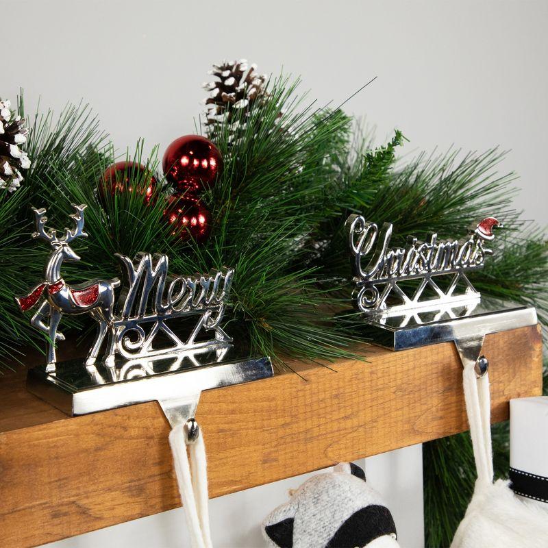 Set of 2 Silver Reindeer Merry Christmas Metal Stocking Holders