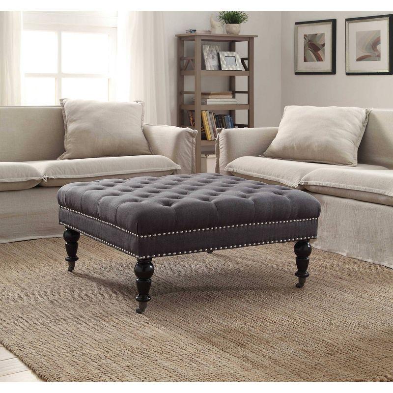 Isabelle Charcoal Linen 35" Square Tufted Ottoman with Nailhead Trim