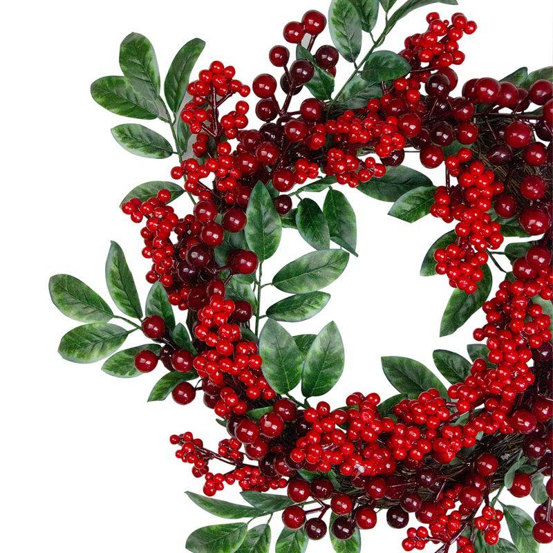 Red Berries and Two-Tone Green Leaves Artificial Christmas Wreath - 18-Inch Unlit