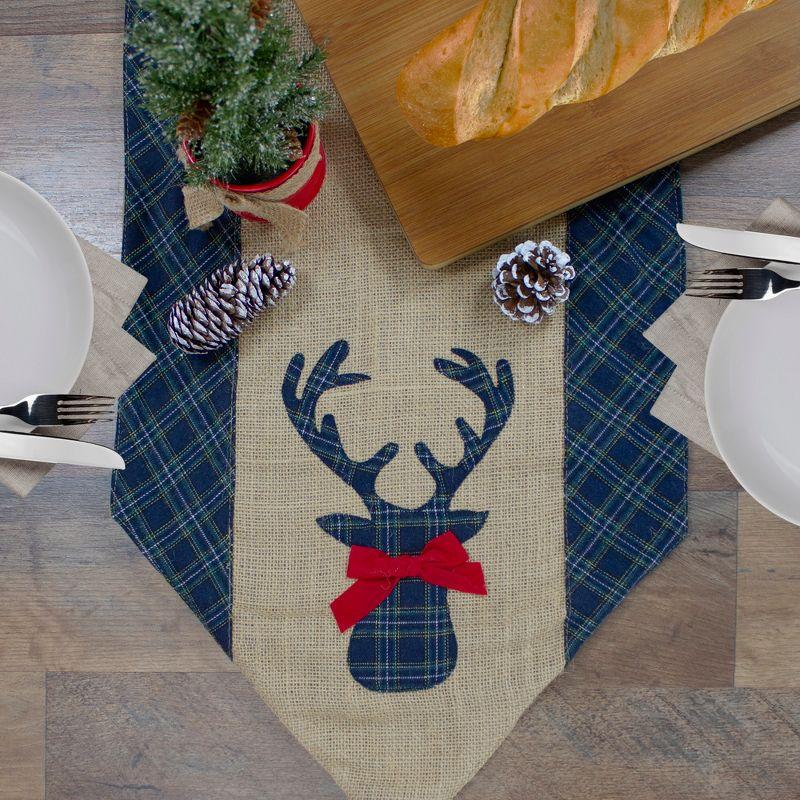 Blue and Brown Burlap Plaid Reindeer Christmas Table Runner