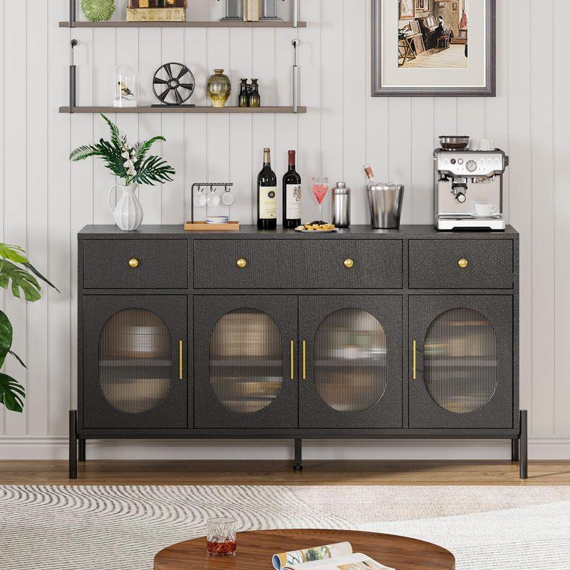 62" Large Sideboard Buffet Cabinet with Storage and 3 Drawers, Buffet Table Coffee Bar Storage Cabinet with 4 Glass Doors