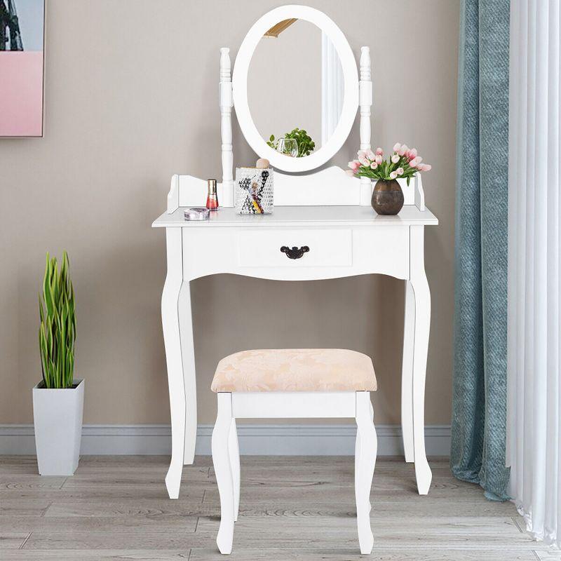 Tangkula Bathroom Vanity Wood Makeup Dressing Table Stool Set Jewelry Desk W/Drawer &Mirror White