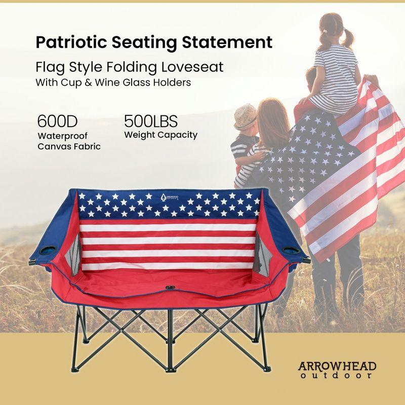 Arrowhead Outdoor Portable Folding Double Duo Camping Chair Loveseat Couch w/ 2 Cup & Wine Glass Holder, Supports up to 500lbs (American Flag)