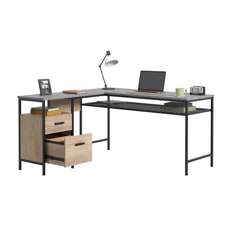 Gray Oak L-Shaped Computer Desk with Drawer and Filing Cabinet