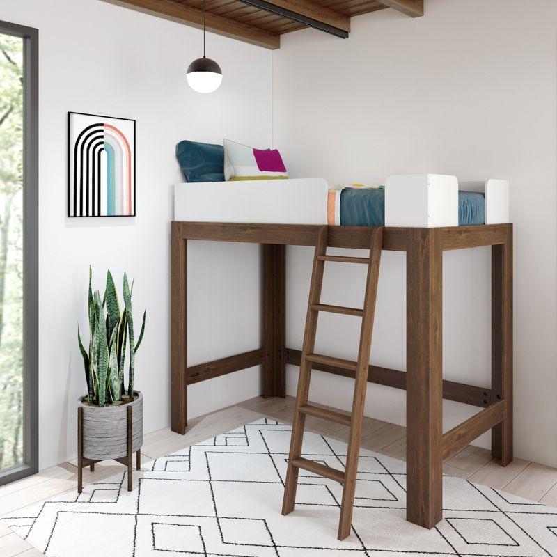 Walnut and White Twin Loft Bed with Wood Frame and Headboard