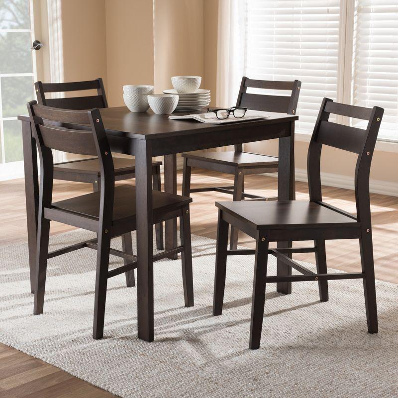 5-Piece Dark Brown Rubberwood Dining Set with Square Table