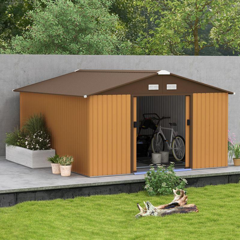 Outsunny 11' x 13' Metal Storage Shed Organizer, Garden Tool House with 4 Vents and 2 Sliding Doors for Backyard, Patio, Garage, Lawn, Yellow