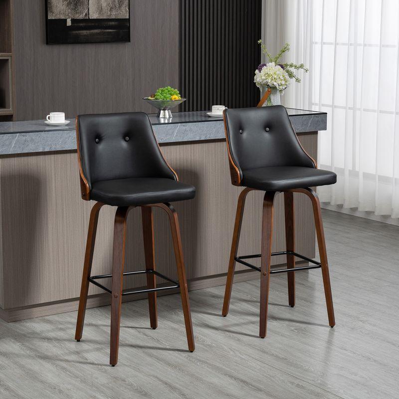 Black Leather Swivel Bar Stools with Wood Legs, Set of 2