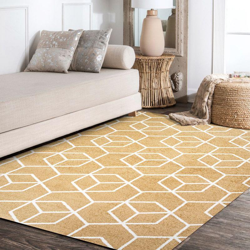 5'x8' Tumbling Blocks Modern Geometric Area Rug, Gold/White - JONATHAN Y