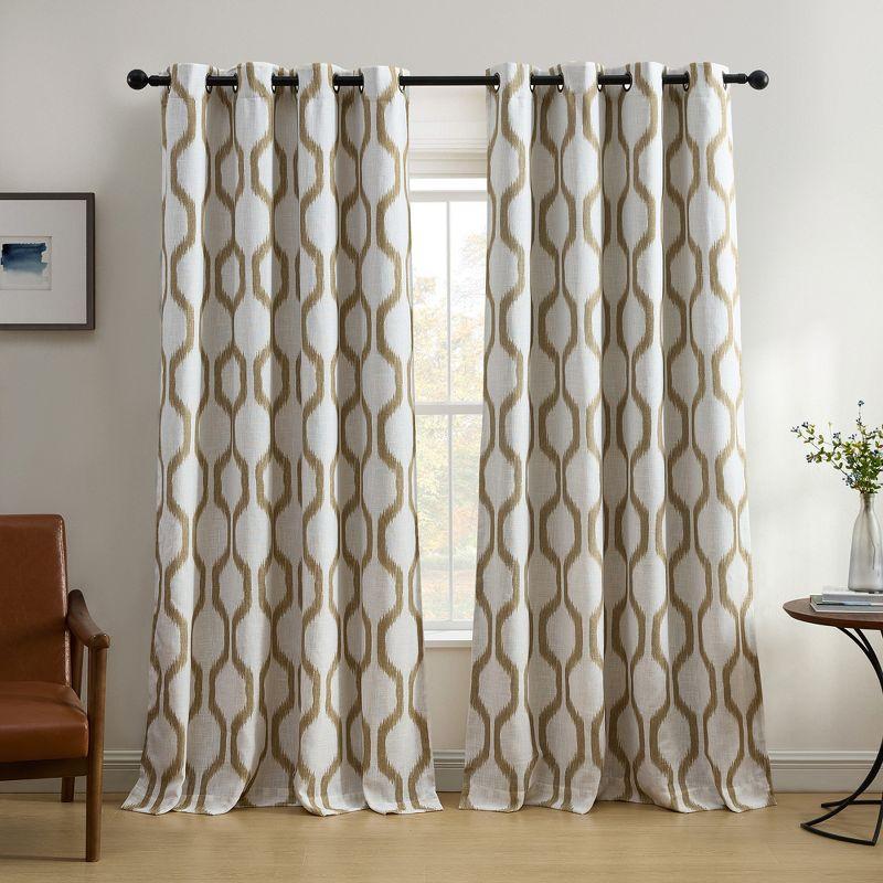 Renzo Ikat Geometric Linen Room Darkening Single Window Curtain Panel - 52" x 95" - Natural - Elrene Home Fashions