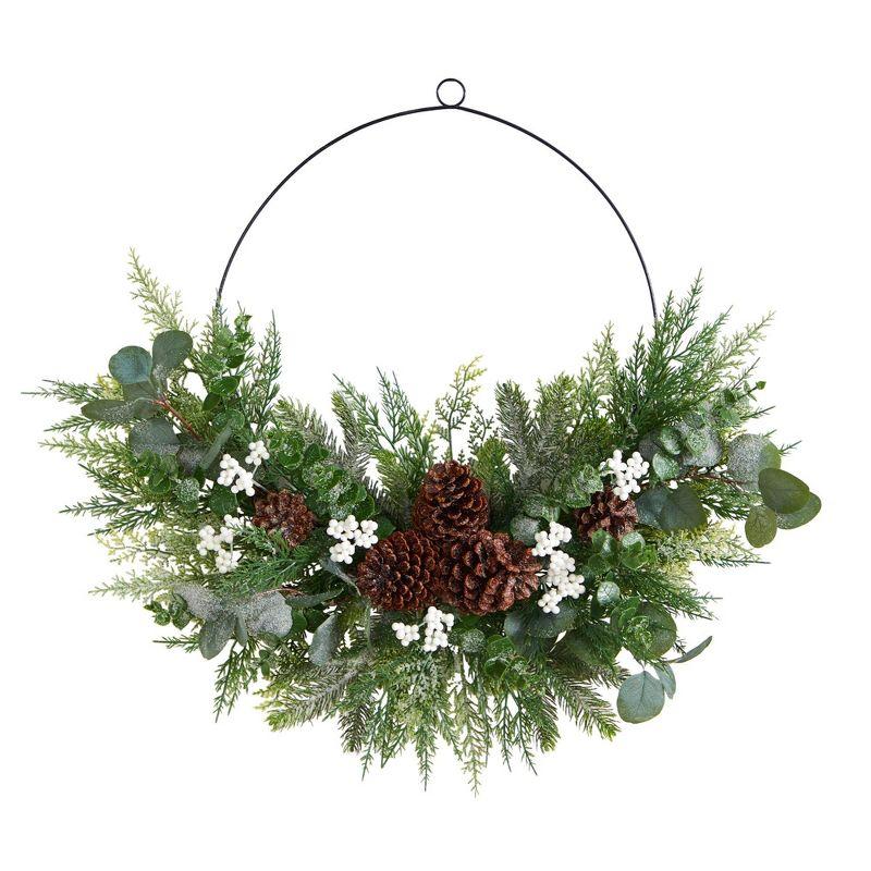 Nearly Natural 28” Christmas Pine, Eucalyptus, and Berries Metal Circlet Artificial Wreath