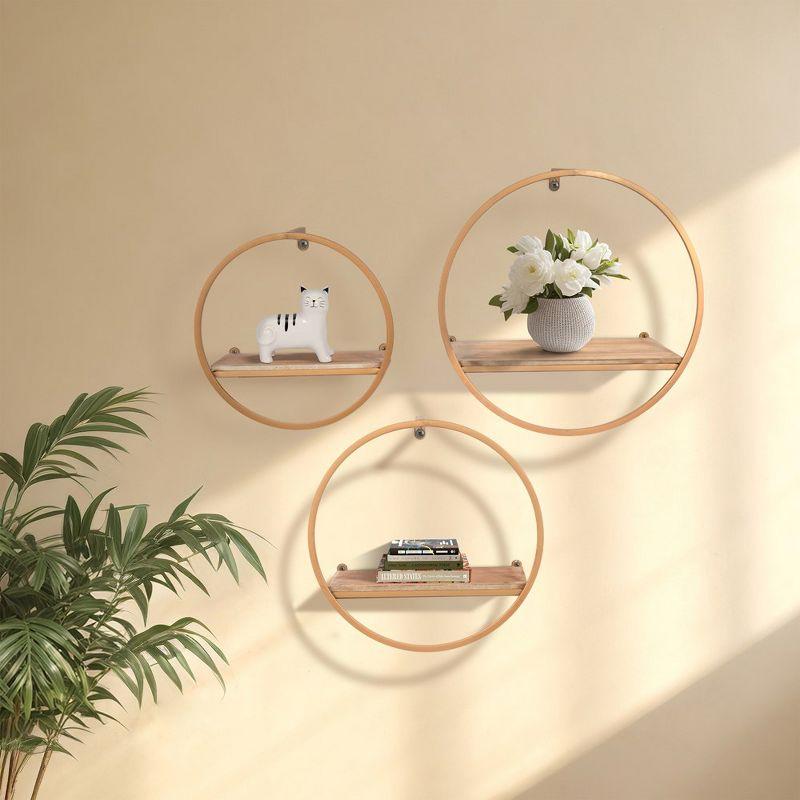 Set of 3 Bronze Metal and Wood Circular Wall Shelves