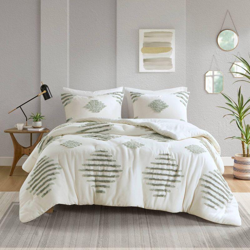 3pc Tahli Cotton Blend Chenille Comforter Set Green/Ivory - Ink+Ivy