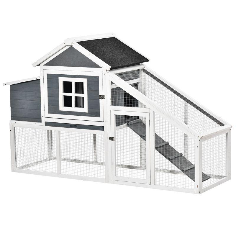 White and Gray Wooden Chicken Coop with Ramp and Nesting Box