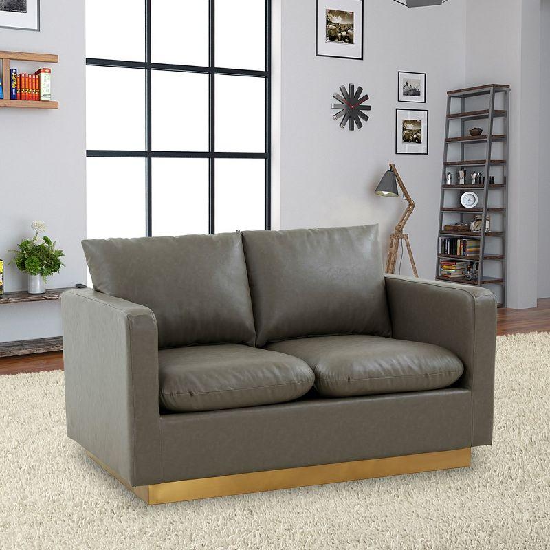 LeisureMod Nervo Mid-Century Modern Upholstered Faux Leather Loveseat with Gold Frame