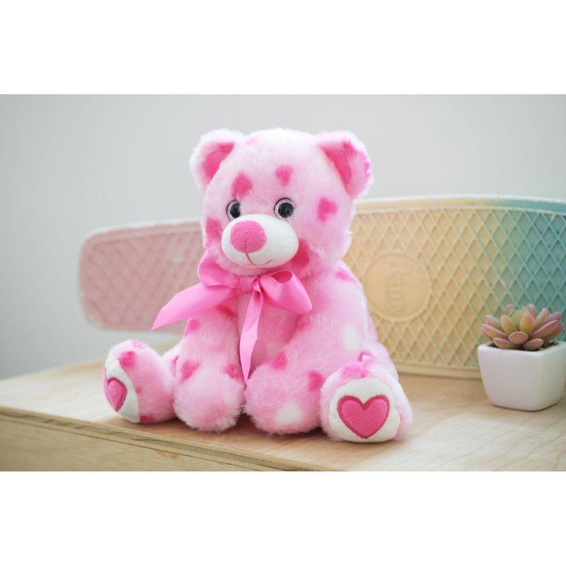 Bearington Pink Plush Stuffed Animal Teddy Bear with Hearts, 8.5 inches