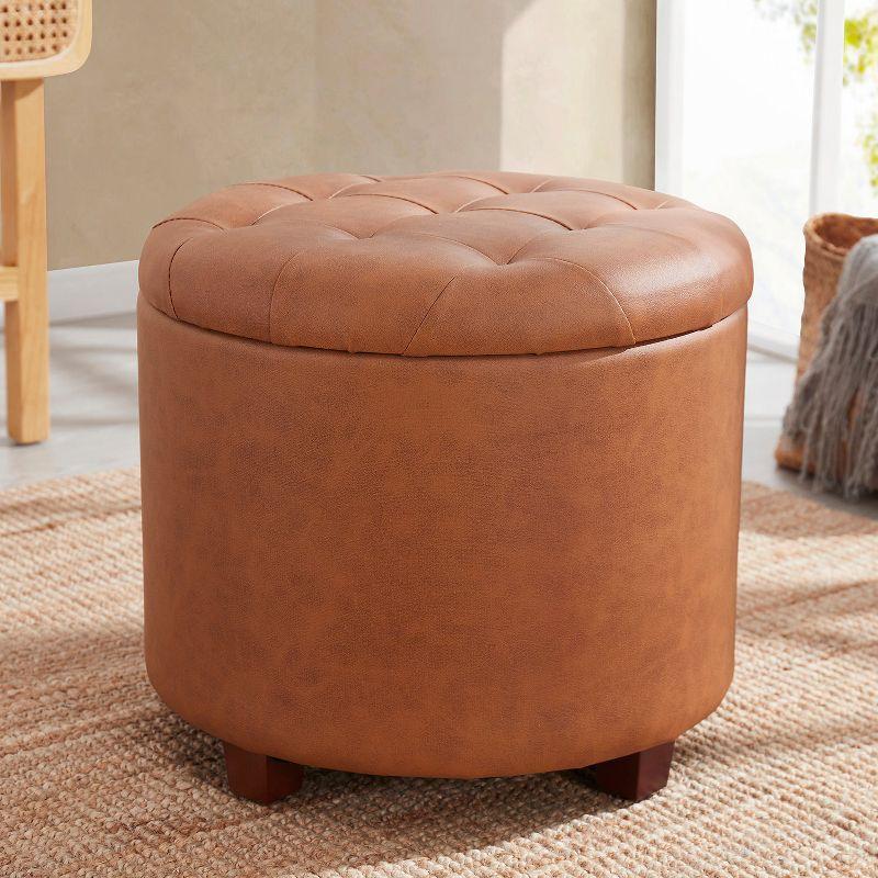 Ornavo Home Faux Leather Upholstered Round Tufted Storage Ottoman with Wooden Legs - Cognac