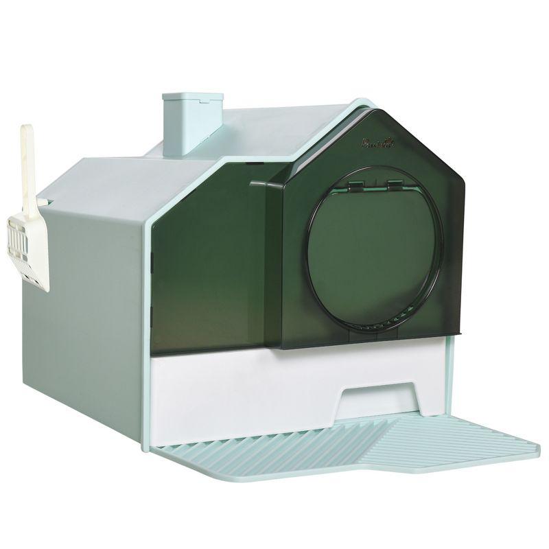 Light Blue House Shape Hooded Cat Litter Box with Drawer