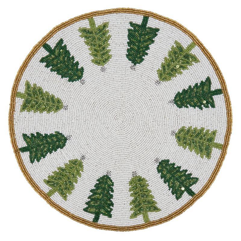 White and Green Beaded Christmas Tree Round Placemats, Set of 4