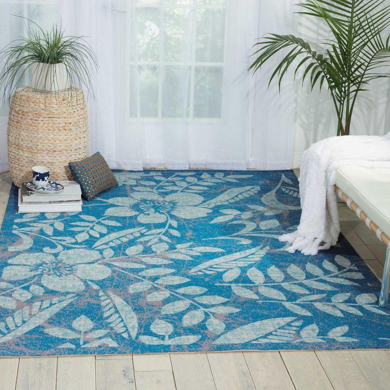 Handmade Blue Floral Synthetic Rectangular Area Rug 93" x 130"