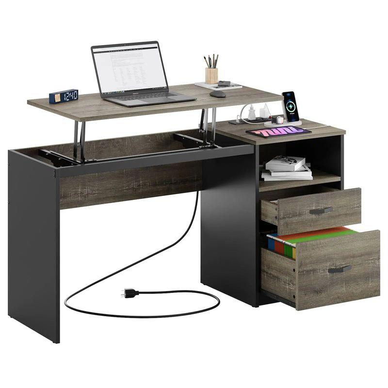 Bestier 60" L Shaped Desk with Power Outlets & Drawer, Lift Top Corner Computer Desk with Storage Shelves, Large Workstation for Home ,Gray