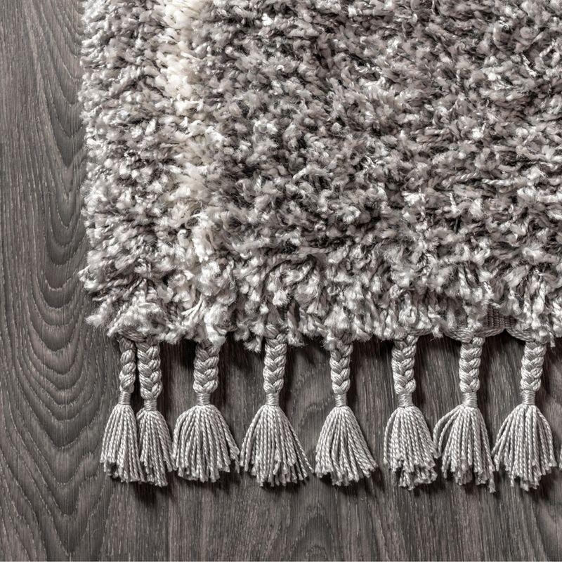 2'x8' Mercer Shag Plush Tassel Moroccan Geometric Trellis Area Rug, Grey/Cream - JONATHAN Y