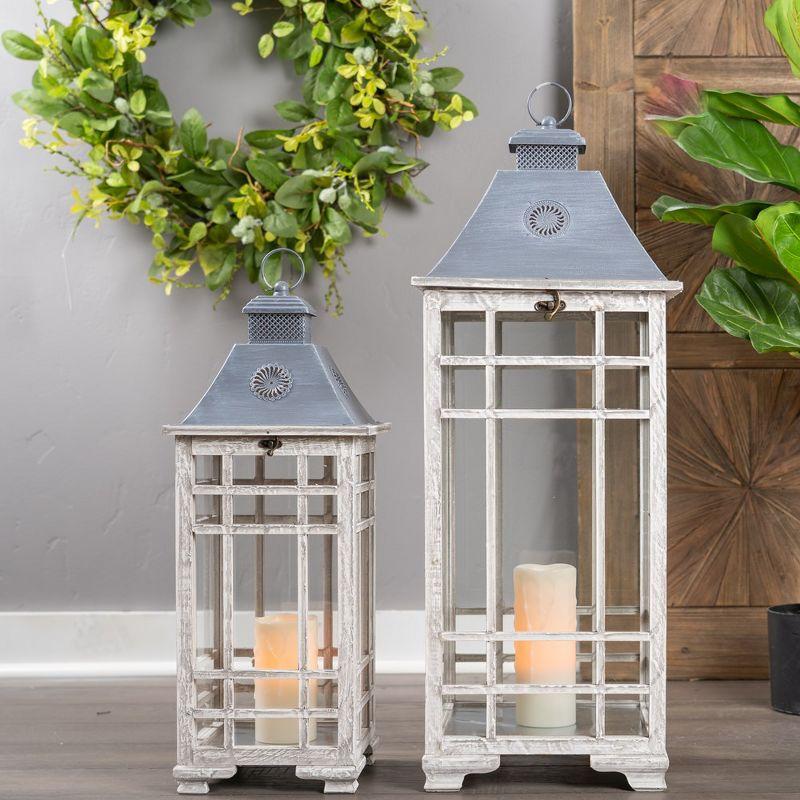 Weathered White Wood and Metal Hanging Lantern Set