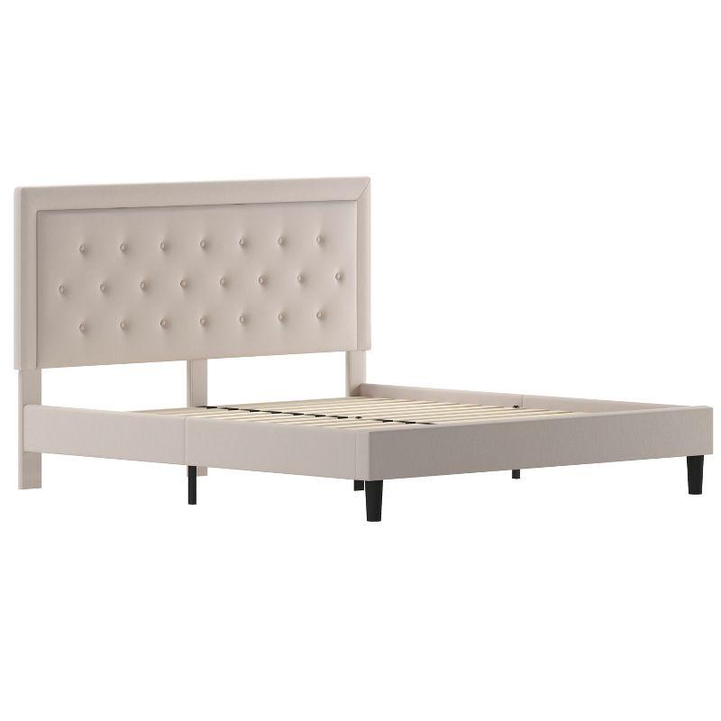 Modern Beige King Size Tufted Upholstered Platform Bed with Slats