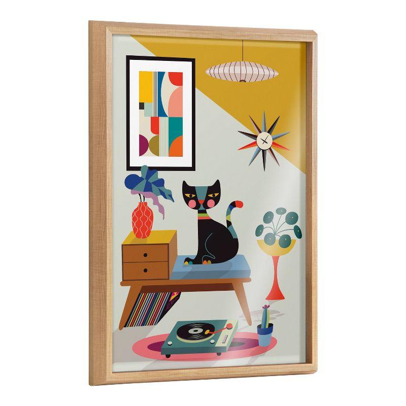 Mid-Century Modern Cat Art on Canvas with Natural Frame