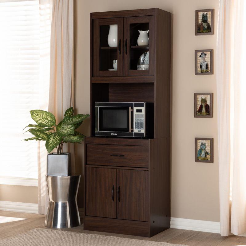 Baxton Studio Laurana Walnut Finished Kitchen Cabinet and Hutch Brown: Traditional Style, 4-Door Pantry Storage, 1 Drawer