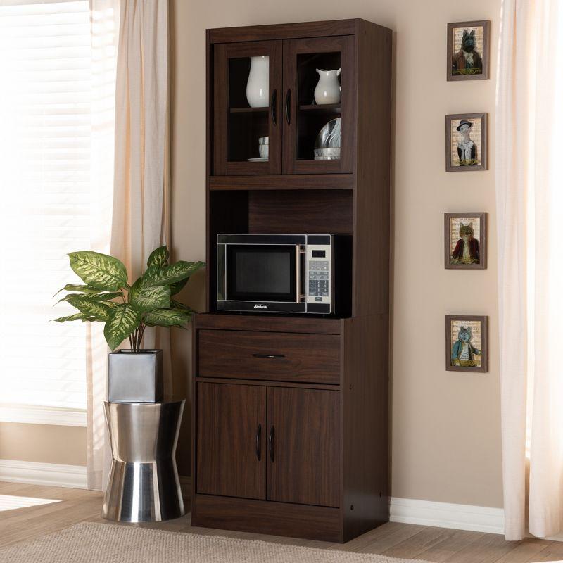 Laurana Dark Walnut Tall Kitchen Hutch Cabinet with Glass Doors