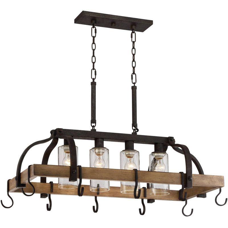 Eldridge Bronze and Wood Pot Rack Chandelier with Seeded Glass