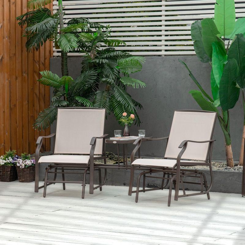 Outsunny Outdoor Glider Chairs with Coffee Table, Patio 2-Seat Rocking Chair Swing Loveseat with Breathable Sling, Beige