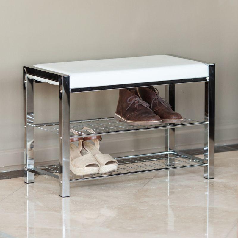 Chic White Leatherette and Chrome Metal Frame Entryway Shoe Bench with Storage