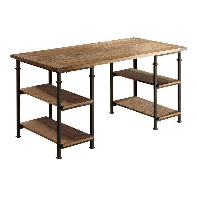 Industrial Black and Brown Wood Writing Desk with Shelves