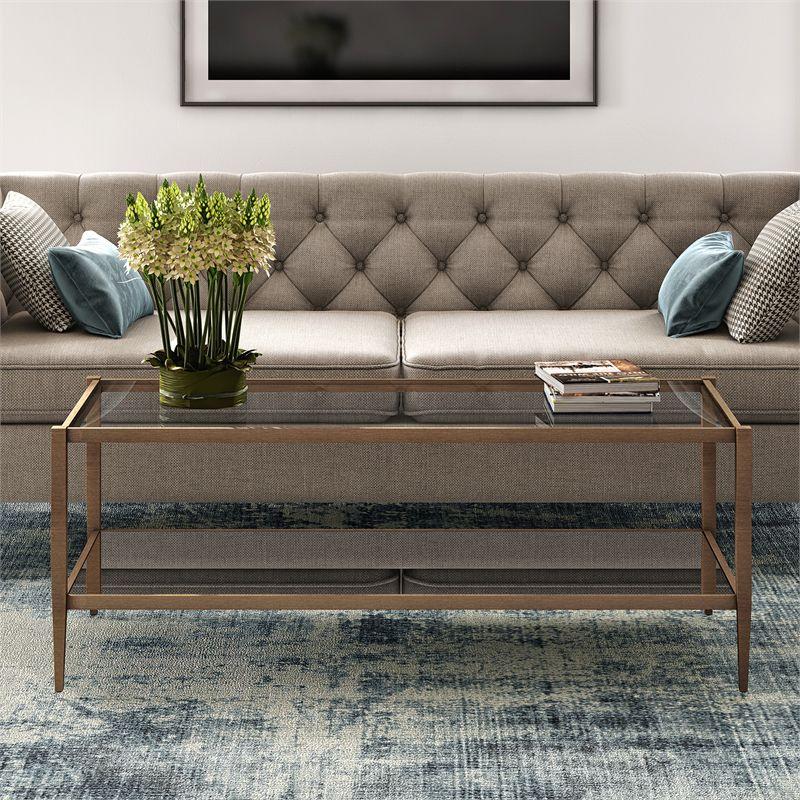 Modern Brass 45" Rectangular Coffee Table with Glass Shelf