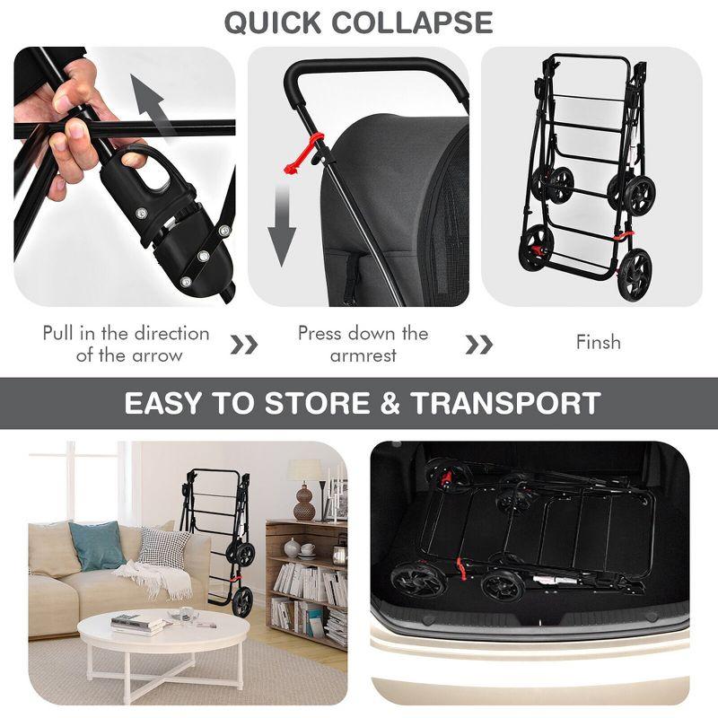 Tangkula Double Pet Stroller with 2 Detachable Carrier Bags Safety Belt 4 Lockable Wheels Cat Stroller Travel Carrier Strolling Cart Folding Black