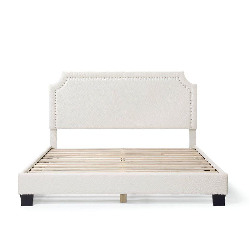 24/7 Shop At Home Queen Heartwild Modern Boucle Upholstered Nailhead Trim Platform Bed White: Polyester, Wood Frame, No Box Spring Needed