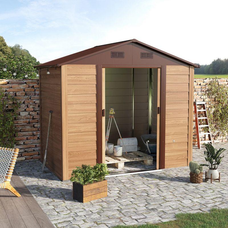 Outsunny Brown Metal Storage Shed with Windows and Sliding Doors