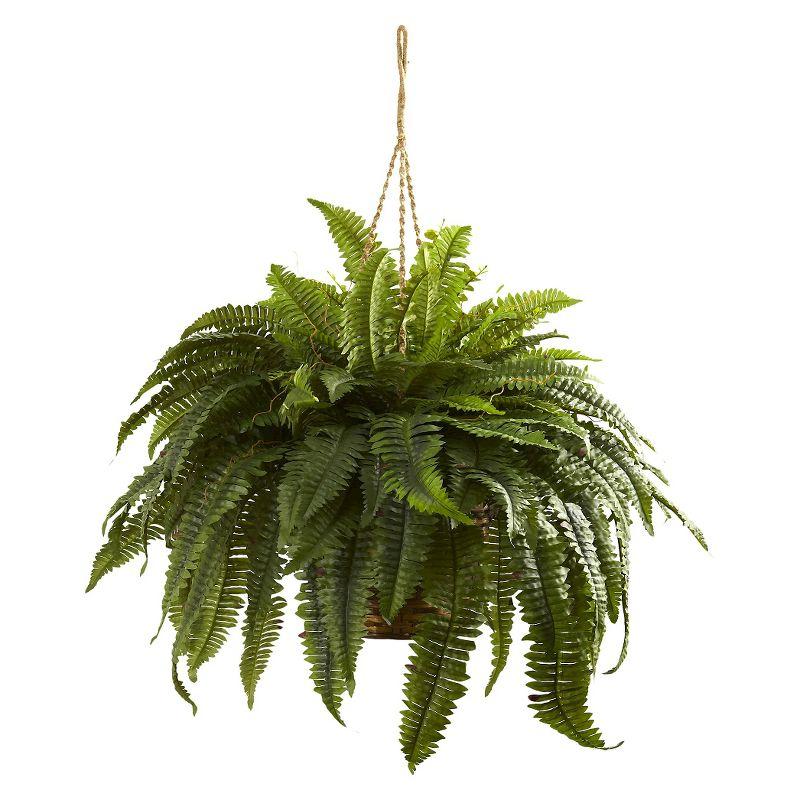 36" x 29" Artificial Boston Fern Hanging Basket - Nearly Natural: Indoor/Outdoor Decor, Porch Accent