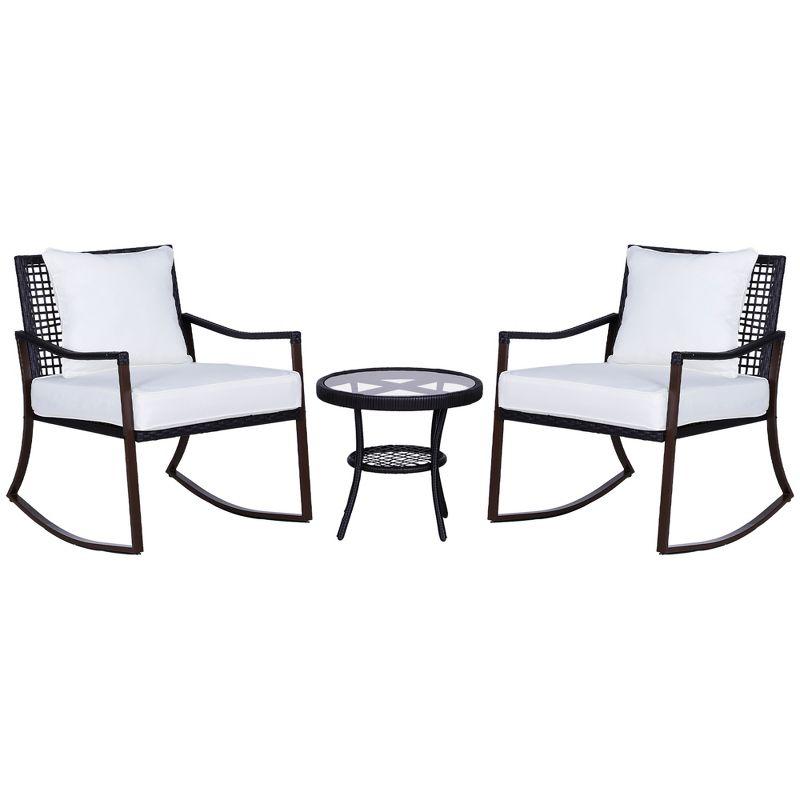 Outsunny 3-Piece Bistro Set Outdoor Wicker Furniture Set with Rattan Rocking Chair, Side Table for Patio Backyard Garden and Balcony