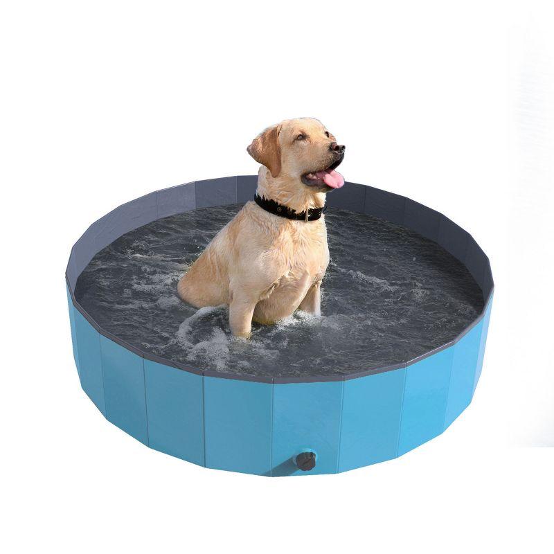 Portable Dog Pool for Large Dogs - Foldable Plastic Bathing Tub with Drain and Carrying Bag for Pets and Backyard Play with Kids by PETMAKER (Blue)