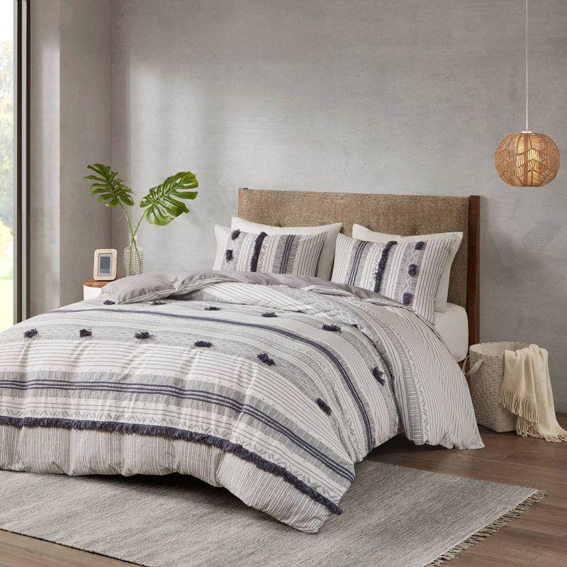 Ink+Ivy 3pc Full/Queen Cody Cotton Duvet Cover Set Gray/Navy: Woven Stripe, Lightweight, OEKO-TEX Certified