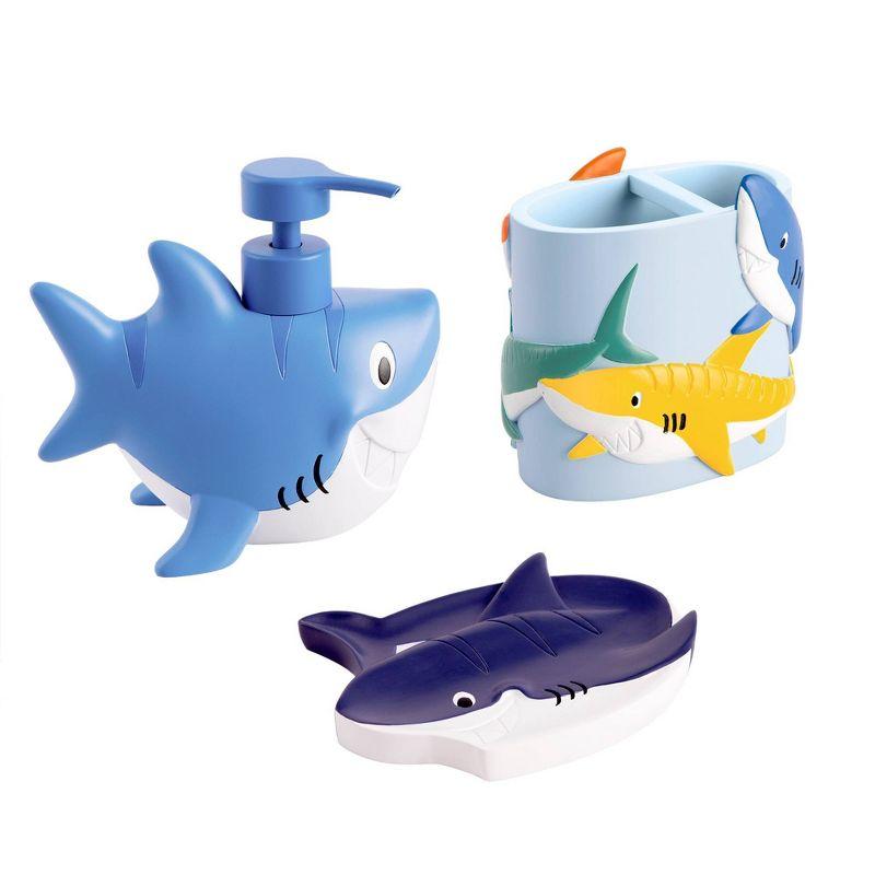 Allure Home Colorful Sharks Kids' 3pc Bath Set: Resin Bathroom Accessories, Soap Dispenser, Dish & Brush Holder