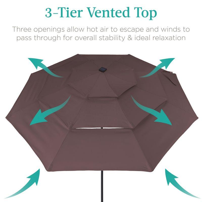 Best Choice Products 10ft 3-Tier Solar Patio Umbrella w/ 24 LED Lights, Tilt Adjustment, Easy Crank - Deep Taupe