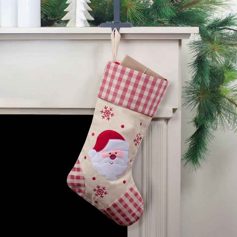 Ivory and Red Embroidered Santa Christmas Stocking with Gingham Cuff