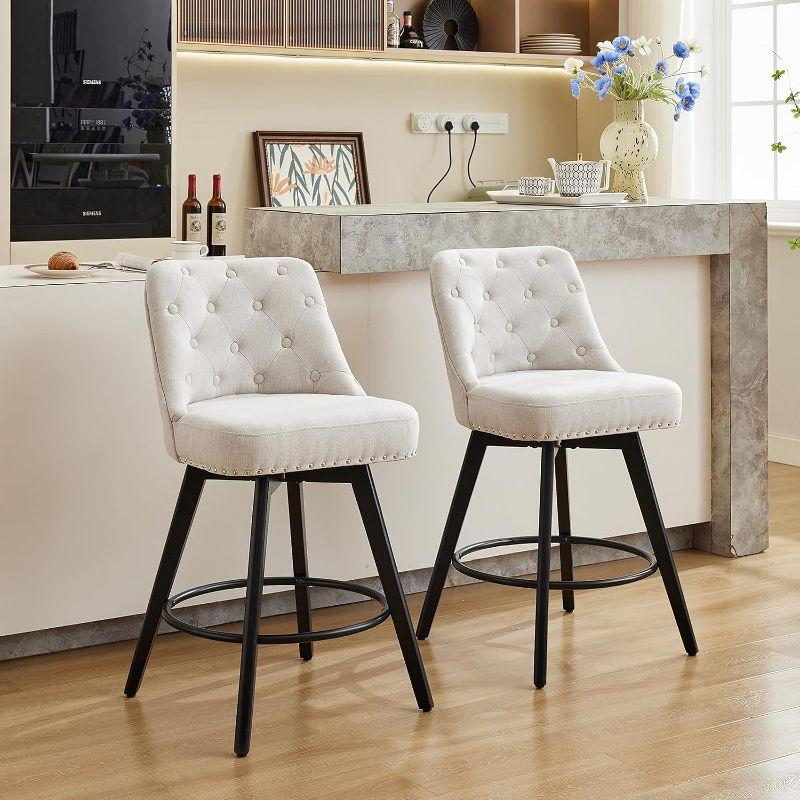 Counter Bar Stools Set of 2, Modern Swivel Bar Stools with Back and Wood Legs, 26" H Upholstered Bar Chair for Kitchen Island Home Bar, Linen Beige