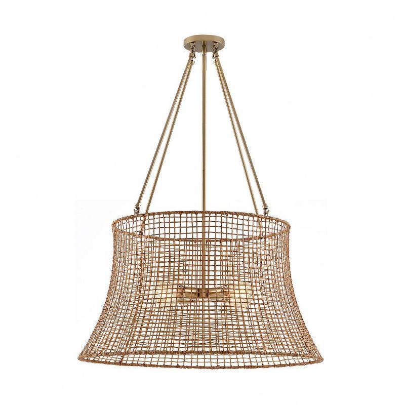 Burnished Brass and Rattan Resin 4-Light Outdoor Chandelier