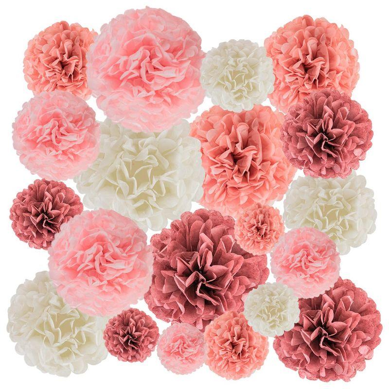 EpiqueOne 20 Piece Tissue Paper Pom Poms Party Kit - Colorful Paper Flower Wall Decorations - Pink Rose
