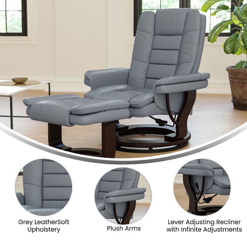 Flash Furniture Bali Contemporary Multi-Position Recliner with Horizontal Stitching and Ottoman with Swivel Mahogany Wood Base in Gray LeatherSoft